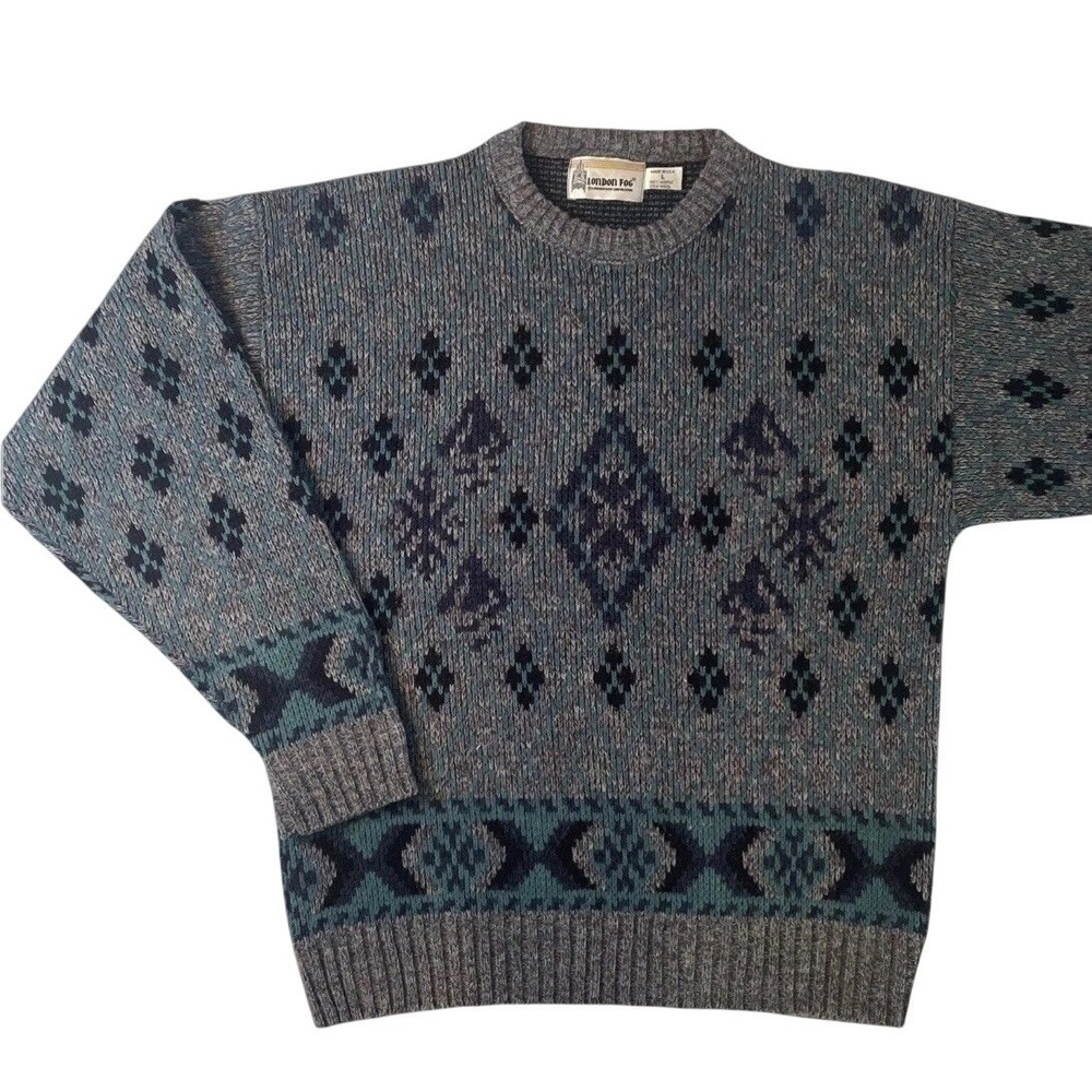 London Fog Sweater Men Large Grey Blue Fair Isle Wool Blend Crewneck Made in USA